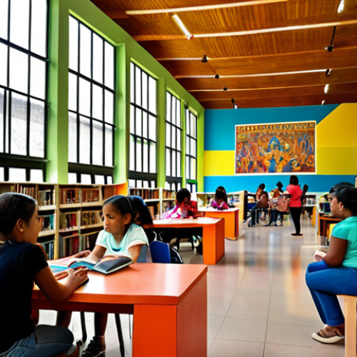 Home 4 **
"A vibrant, modern Colombian public library interior, showcasing a diverse group of people using computers and reading. Sunlight streams through large windows, illuminating colorful bookshelves. A dedicated area features children participating in a storytime session led by a friendly volunteer. In the background, a wall mural depicts Colombian cultural heritage. The overall atmosphere is welcoming and promotes learning, community, and digital access."
**