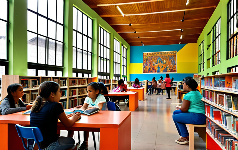 **
"A vibrant, modern Colombian public library interior, showcasing a diverse group of people using computers and reading. Sunlight streams through large windows, illuminating colorful bookshelves. A dedicated area features children participating in a storytime session led by a friendly volunteer. In the background, a wall mural depicts Colombian cultural heritage. The overall atmosphere is welcoming and promotes learning, community, and digital access."
**