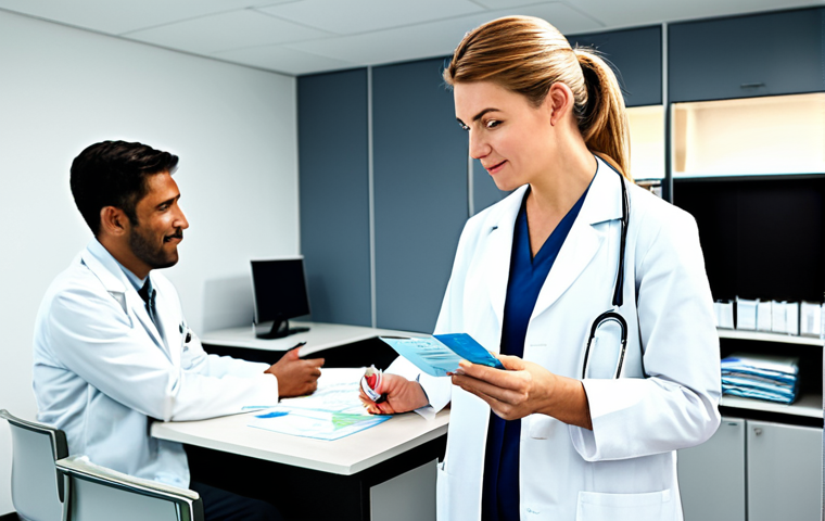A professional female doctor, dressed in a modest, clean lab coat, consults with a male traveler in appropriate, comfortable travel attire within a brightly lit, modern medical office. The traveler is attentive, holding an international vaccination card and a small, organized travel health kit. The scene conveys a sense of proactive health planning and responsible travel preparation. Soft, natural lighting. Perfect anatomy, correct proportions, natural pose, well-formed hands, proper finger count, natural body proportions, safe for work, appropriate content, fully clothed, professional, high quality.