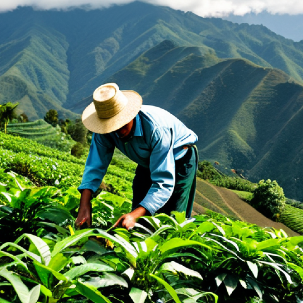 **

A Colombian coffee farmer, fully clothed in appropriate work attire, carefully tending to coffee plants on a hillside farm in the Zona Cafetera. Lush green vegetation surrounds him. The Andes mountains are visible in the background. Soft, diffused sunlight. Safe for work, appropriate content, professional photography, perfect anatomy, natural proportions, family-friendly.

**