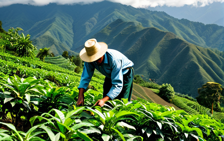 **
A Colombian coffee farmer, fully clothed in appropriate work attire, carefully tending to coffee plants on a hillside farm in the Zona Cafetera. Lush green vegetation surrounds him. The Andes mountains are visible in the background. Soft, diffused sunlight. Safe for work, appropriate content, professional photography, perfect anatomy, natural proportions, family-friendly.
**